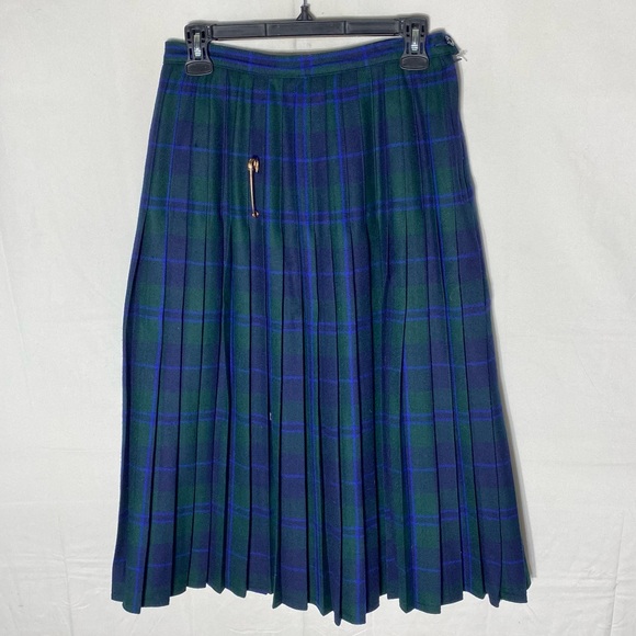 Vintage Bianca Green Blue Plaid Pleated Wool Midi Skirt M - Picture 14 of 14